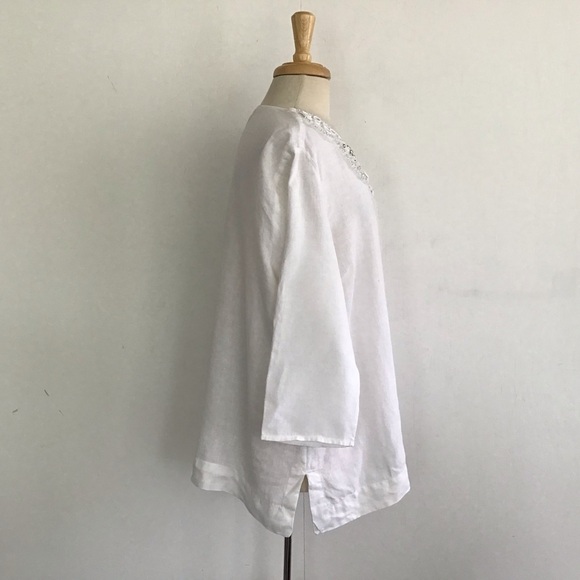 JM Collection White Linen V-Neck 3/4 sleeve Mirror & Sequins Neck Boho Tunic XL - Picture 3 of 7